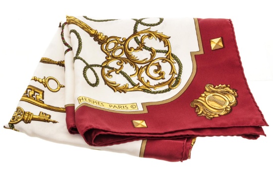 Hermes Burgundy Cream Les Clefs Cathy Latham Silk Scarf 90