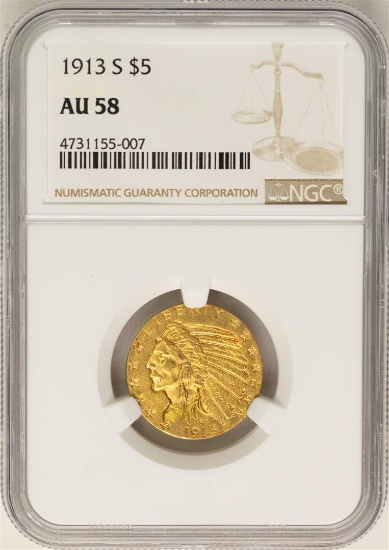 1913-S $5 Indian Head Half Eagle Gold Coin NGC AU58