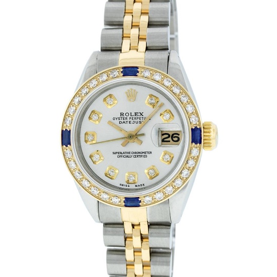 Rolex Ladies 2 Tone Silver Diamond & Sapphire Datejust Wristwatch