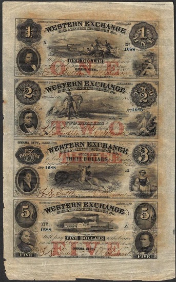 Uncut Sheet of 1857 Western Exchange Fire & Marine Insurance Co. Obsolete Notes