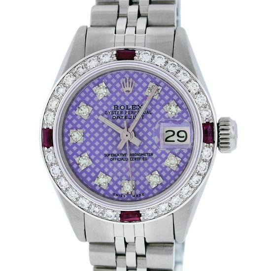 Rolex Ladies Stainless Steel Purple Stamp Diamond & Ruby Datejust Wristwatch