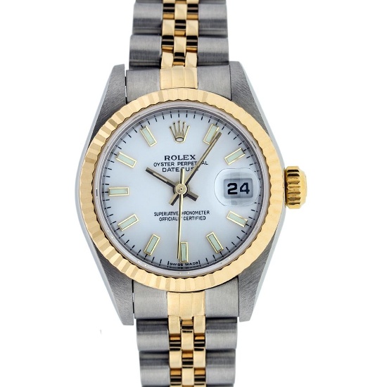 Rolex Ladies Quickset 2 Tone 18K White Index Datejust Wristwatch
