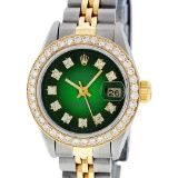 Rolex Ladies 2 Tone 14K Green Vignette VS Diamond Datejust Wristwatch
