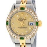 Rolex Ladies 2 Tone 18K Quickset Champagne Diamond & Emerald Datejust Wristwatch