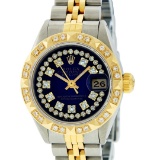 Rolex Ladies 2 Tone 14K Blue Vignette String Pyramid Diamond Datejust Wristwatch