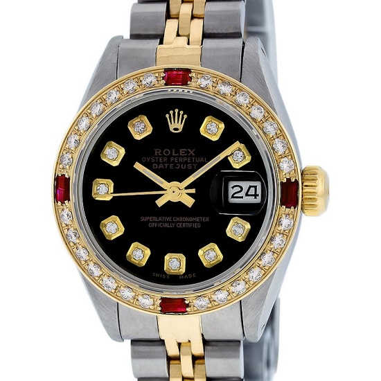 Rolex Ladies 2 Tone Black Diamond & Ruby Datejust Wristwatch