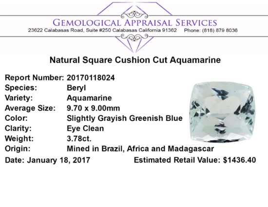 3.78 ct.Natural Square Cushion Cut Aquamarine