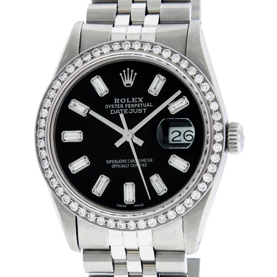 Rolex Mens Stainless Steel Black Baguette Diamond 36MM Datejust Wristwatch
