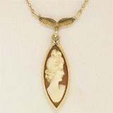 14k Yellow Gold Marquise Carved Shell Cameo Fish Collier Choker Necklace