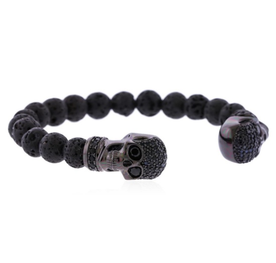 Cozmo Sterling Silver Black Crystal Skull Cuff Bracelet