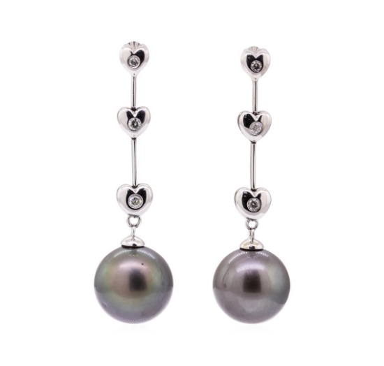 0.15 ctw Diamond and Tahitian Pearl Dangle Earrings - 14KT White Gold