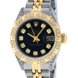 Rolex Ladies 2 Tone 14K Black Diamond & Pyramid Diamond Datejust Wriswatch
