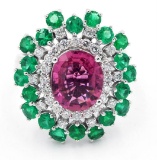 5.74 ctw Pink Tourmaline, Emerald and Diamond Ring - 14KT White Gold