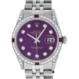 Rolex Mens Stainless Steel Diamond Lugs Purple Diamond & Ruby Datejust Wristwatc