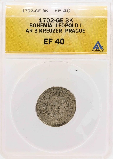 1702-GE Bohemia Leopold I AR 3 Kreuzer Prague Coin ANACS XF40