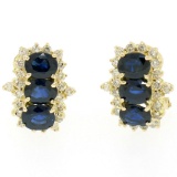 14k Yellow Gold 2.80 ctw Oval Sapphire Round Diamond Cluster Omega Back Earrings