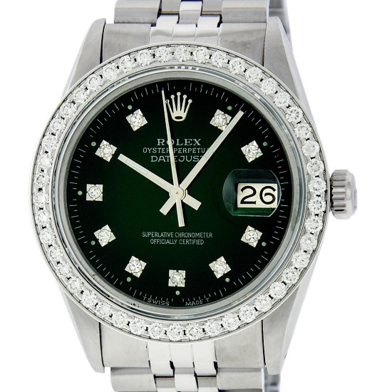 Rolex Mens Stainless Steel Slate Green Diamond 36MM Datejust Wristwatch