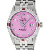 Rolex Mens Stainless Steel Pink Diamond & Ruby 36MM Datejust Wristwatch