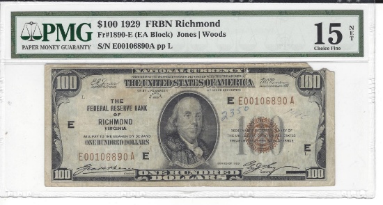 1929 $100 Federal Reserve Bank Note Richmond PMG Choice Fine 15 Net