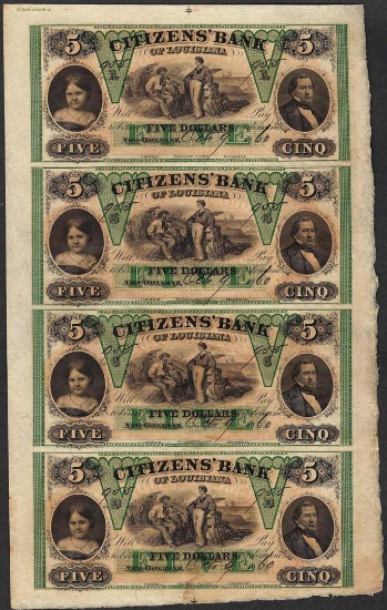 Uncut Sheet of 1800's $5 Citizens Bank of Louisiana Obsolete Notes