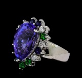 10.69 ctw Tanzanite, Tsavorite, Blue Sapphire, and Diamond Ring - 14KT White Gol