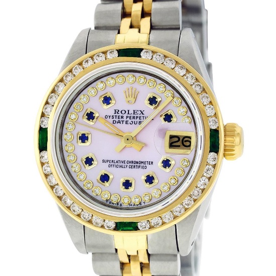 Rolex Ladies 2 Tone 14K MOP Sapphire & Diamond Datejust Wristwatch