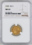 1929 $2 1/2 Indian Head Quarter Eagle Gold Coin NGC MS63