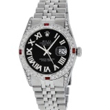 Rolex Mens Stainless Steel Black Roman Diamond & Ruby Datejust Wristwatch With R