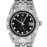 Rolex Mens Stainless Steel Black Diamond Lugs & Pyramid Bezel Datejust Wristwatc