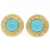 14k Yellow Gold Round Bezel Set Turquoise Button Earrings