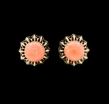 Salmon Coral Cabochon Earrings - 14KT Yellow Gold