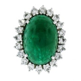 18K White Gold 17.38 ctw GIA Large Cabochon Emerald & Diamond Oval Cocktail Ring
