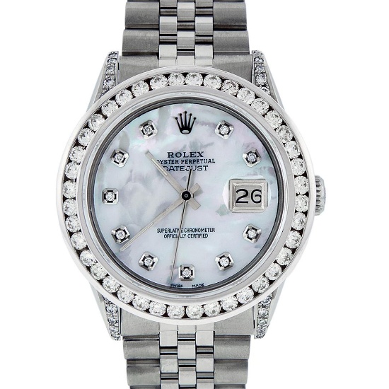 Rolex Mens Stainless Steel MOP 3 ctw Diamond Datejust Wristwatch With Wooden Wat