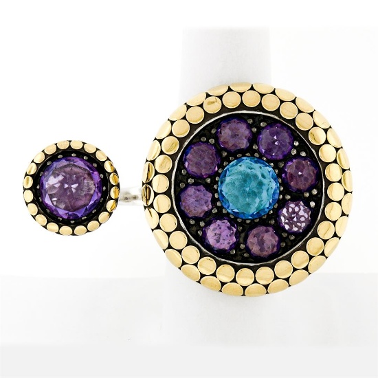 John Hardy Dot 18k Gold & Silver Amethyst & Blue Topaz Two Finger Statement Ring