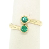 14k Yellow Gold Round Bezel Set Emerald Two Stone Simple Bypass Ring