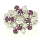 14K White Gold 2.10 ctw Diamond & Ruby Cluster Daisy Twisted Wire Cocktail Ring