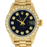 Rolex Ladies 18K Yellow Black Diamond President Wristwatch With Rolex Box & Appr