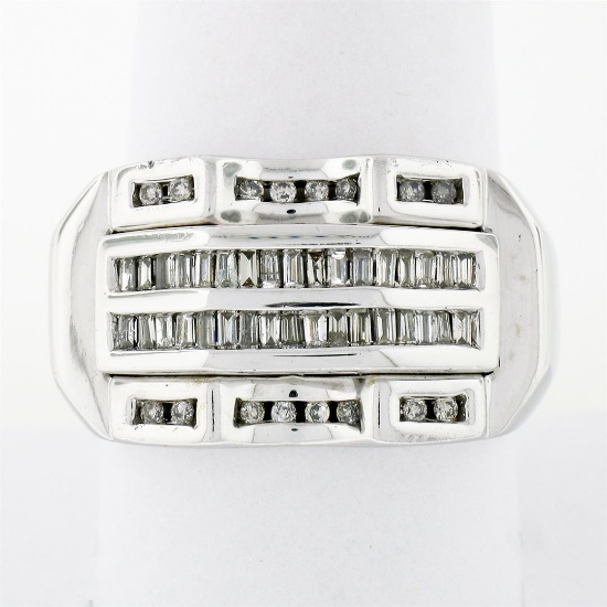 Large Mens 14K White Gold .90 ctw Round & Baguette Diamond  Channel Band Ring