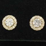 14k Yellow Gold 1.12 ctw Round Brilliant Diamond Stud Earrings w/ Pave Halos