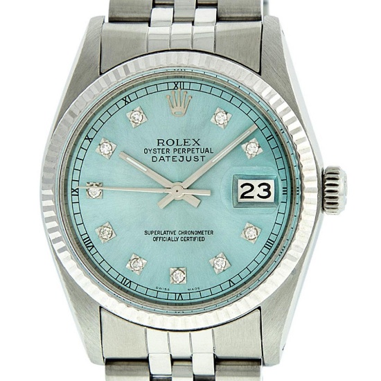 Rolex Mens Stainless Steel Ice Blue Diamond Datejust Wristwatch