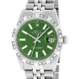 Rolex Mens Stainless Steel 36MM Green Index Pyramid Diamond Datejust Wristwatch