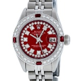 Rolex Ladies Stainless Steel Red Ruby & Diamond Datejust Wristwatch