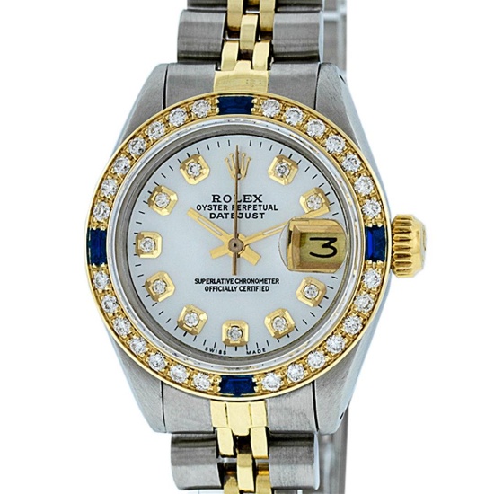 Rolex Ladies 2 Tone MOP Diamond & Sapphire Datejust Wristwatch
