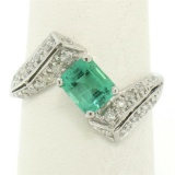 14k White Gold 1.20 ctw Colombian Emerald & Pave Diamond Bypass Cocktail Ring