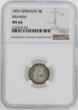 1852 Germany Bavaria 3 Kreuzer Coin NGC MS64