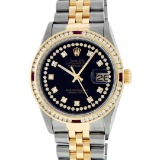 Rolex Mens 2 Tone 14K Black String Diamond & Ruby Diamond Datejust Wristwatch