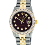 Rolex Mens 2 Tone 14K Maroon Princess Cut Diamond Datejust Wristwatch With Rolex