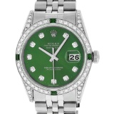 Rolex Mens Stainless Steel Diamond Lugs Green Diamond & Emerald Datejust Wristwa