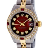 Rolex Ladies 2 Tone Red Vignette Diamond & Ruby Datejust Wristwatch