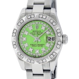 Rolex Ladies Stainless Steel Quickset Green String Diamond Datejust Wristwatch